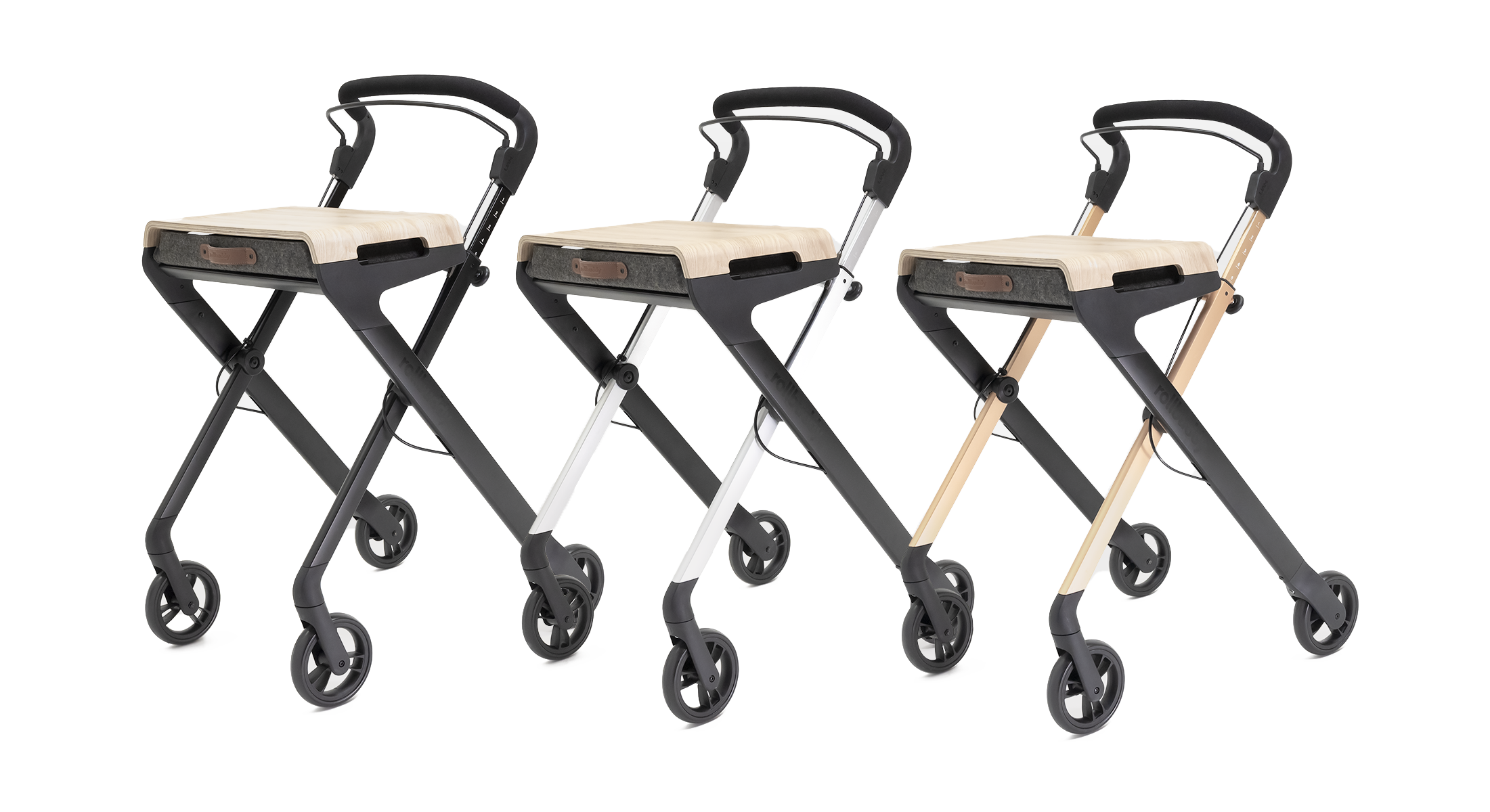 De Rollbuddy Indoor Rollator is in diverse kleuren verkrijgbaar. Zilver, matzwart en koperkleurig.